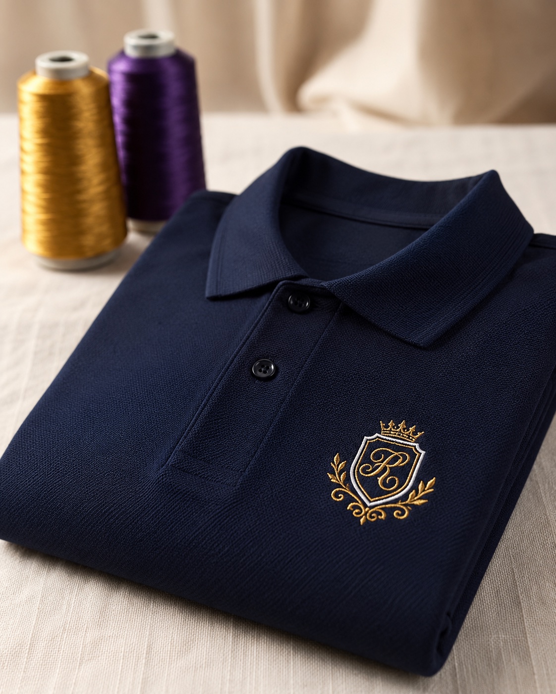 A finished embroidered piece from Kashidha Designs, photographed in the studio with thread spools and finishing tools