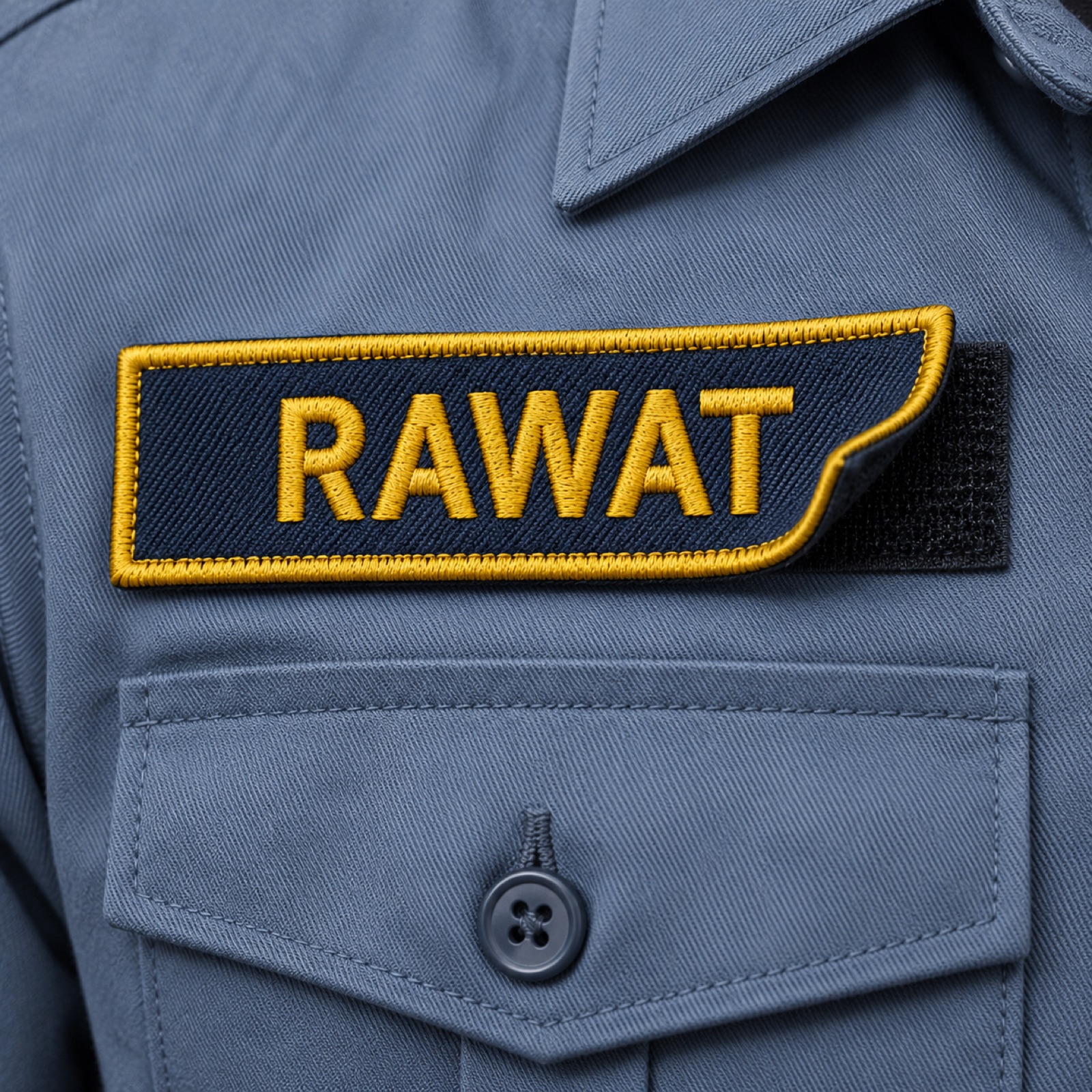 Air Force style name tab in golden lettering on a blue-grey field dress shirt