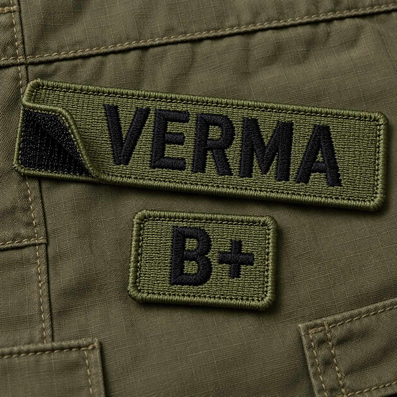 Matching embroidered blood-group tab with hook-and-loop backing