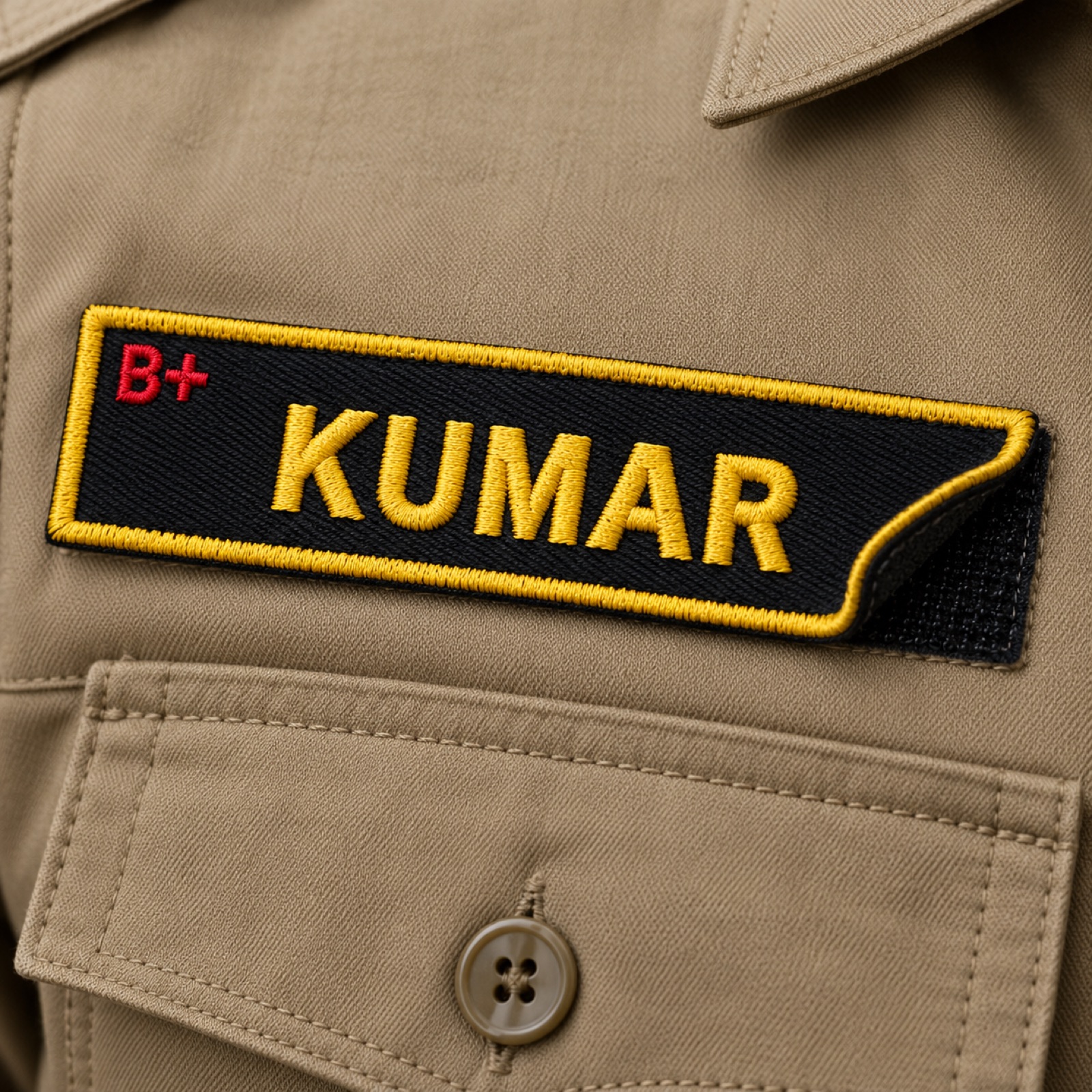 Black CAPF name tab with yellow lettering and the blood group in red at the corner
