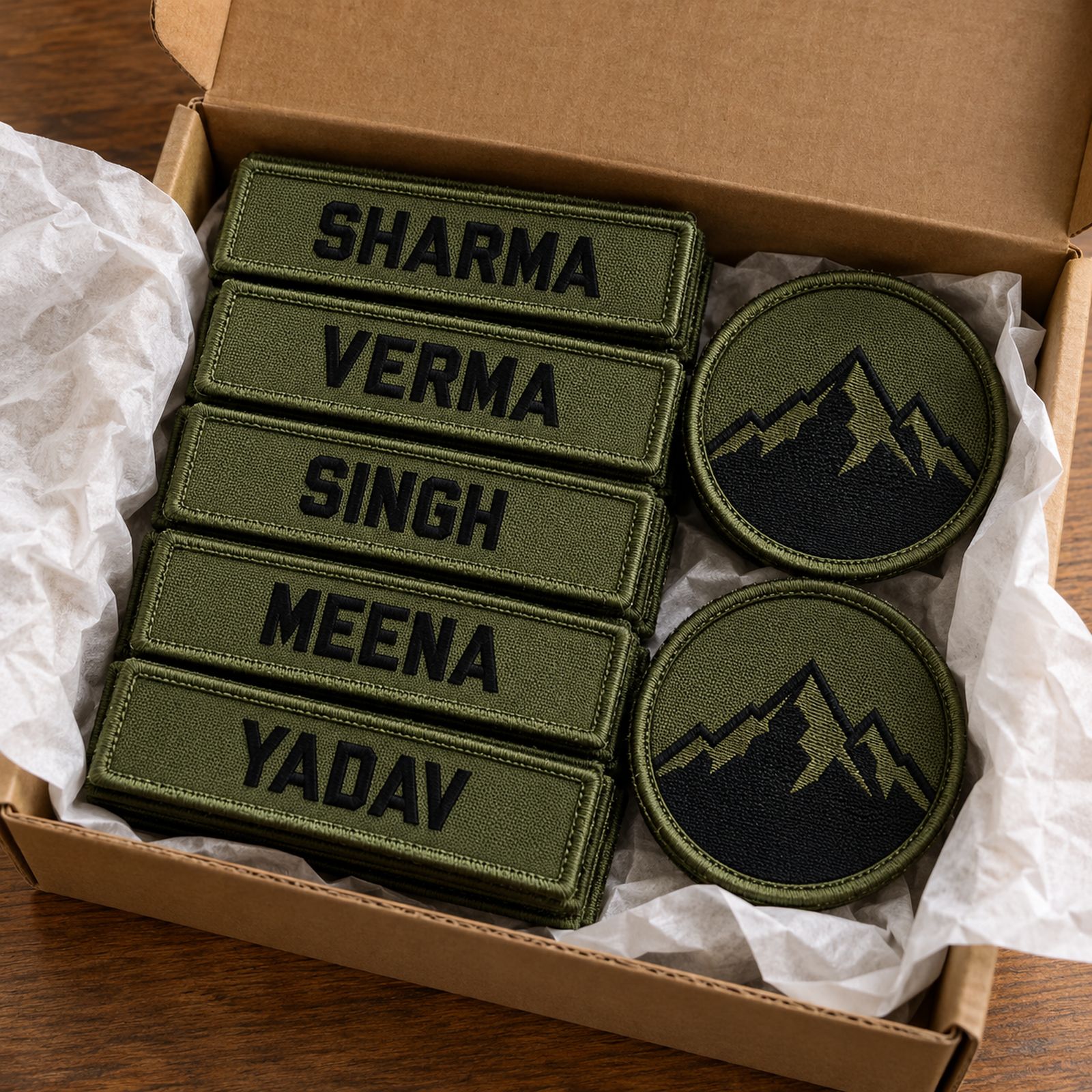 Velcro name tabs and unit patches packed with an invoice, ready for courier