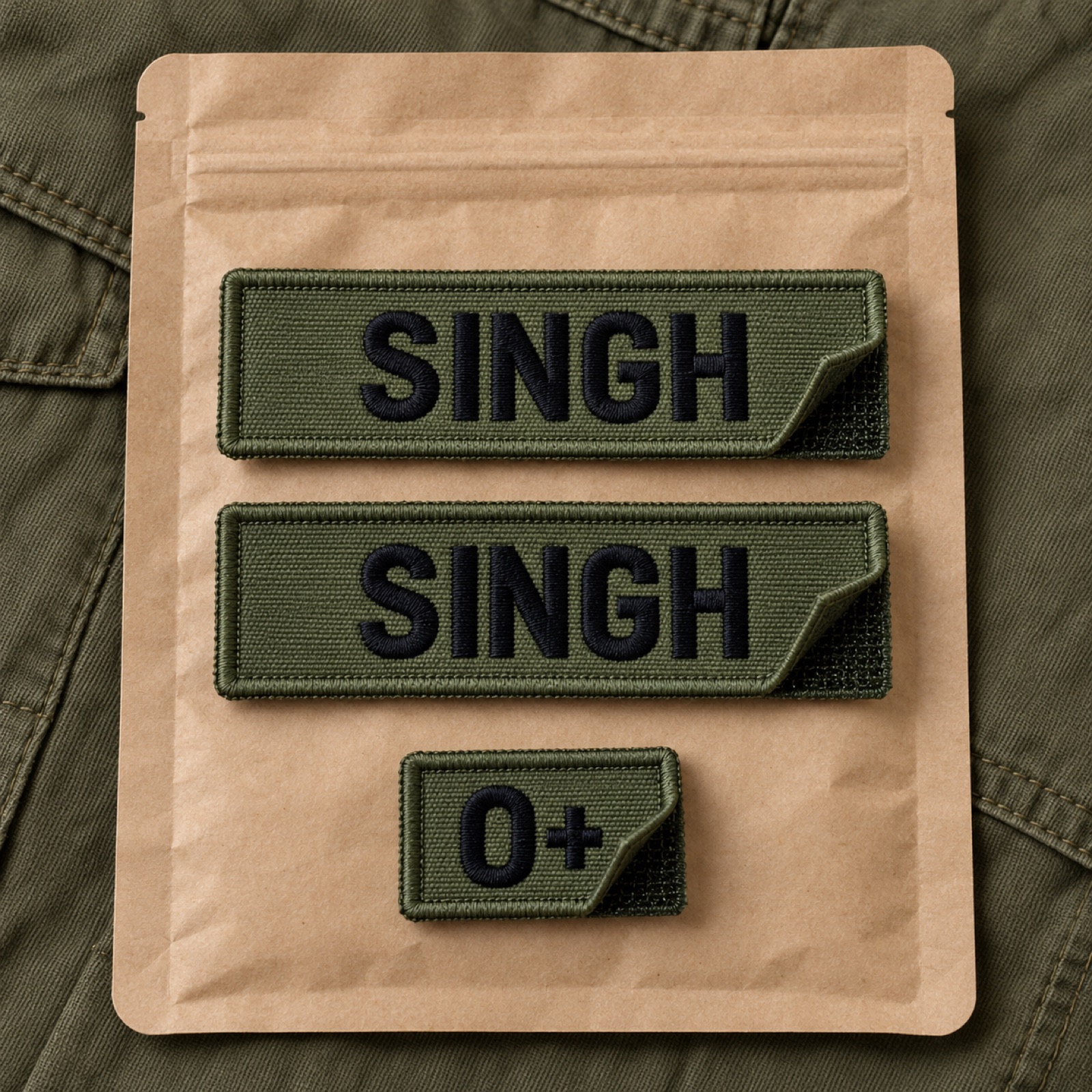 Uniform patch kit: two name tabs and a blood-group tab laid out in a pouch