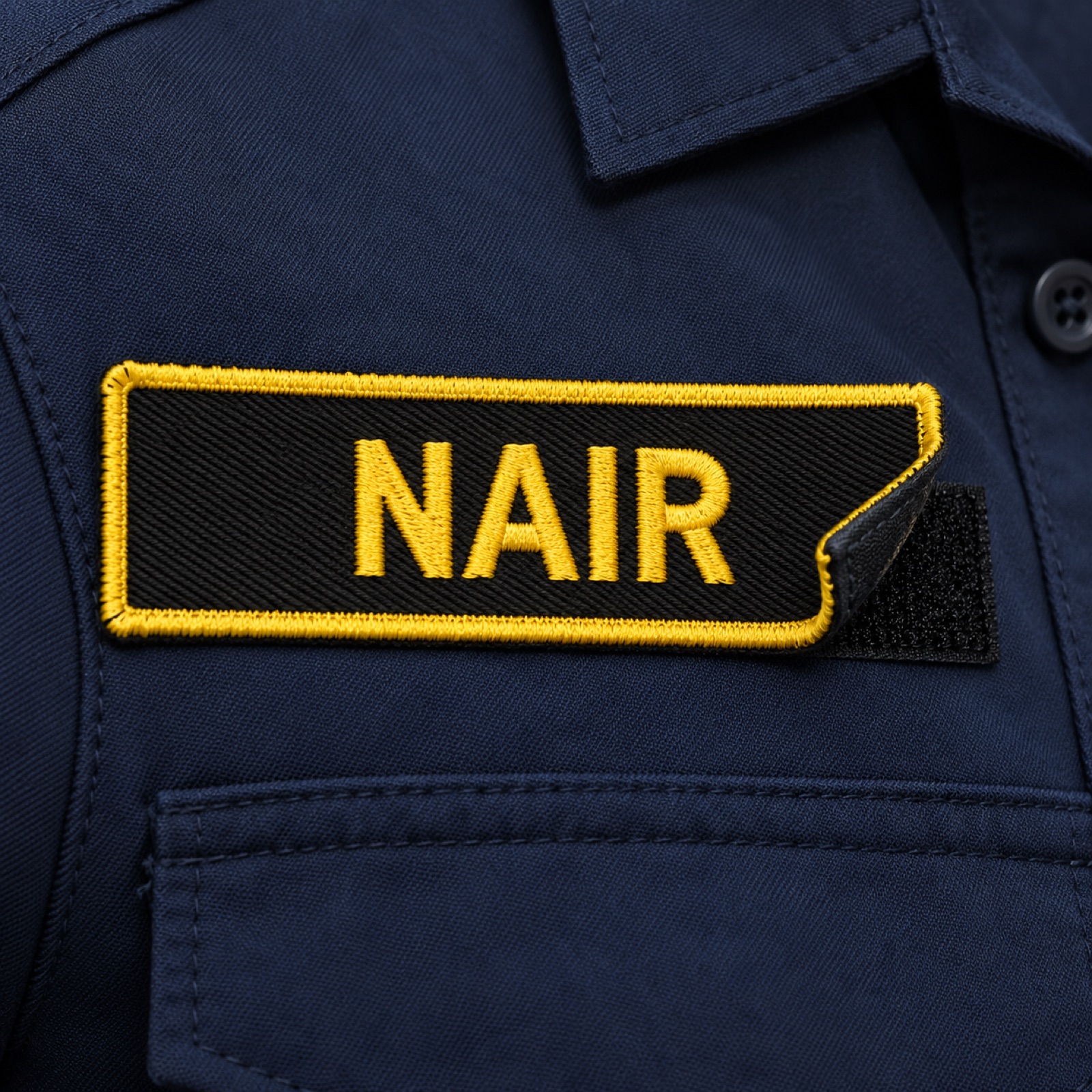 Navy style name tab, black ground with yellow lettering, on a navy-blue working shirt