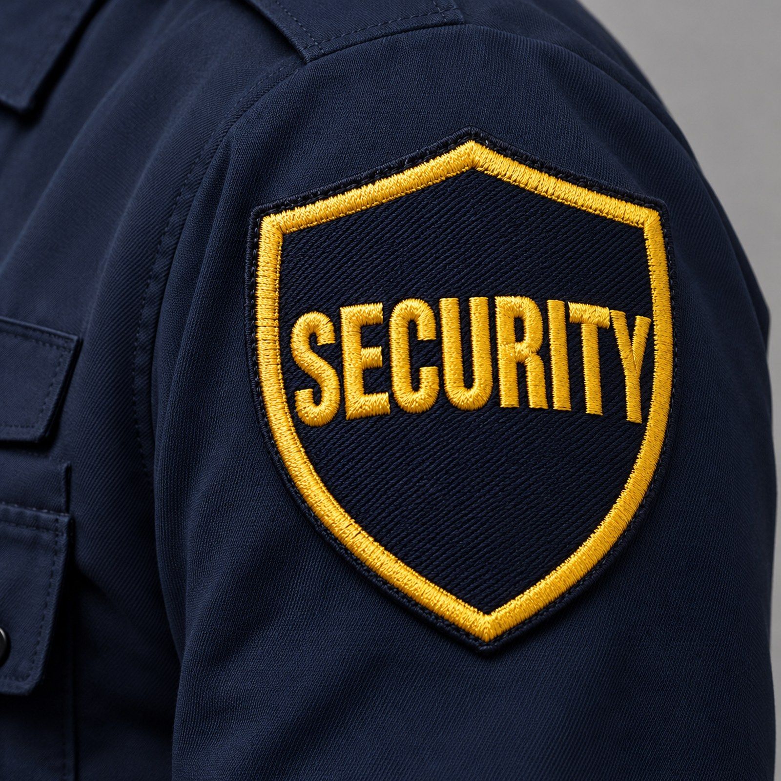 Security agency logo badge embroidered with velcro backing on a navy uniform
