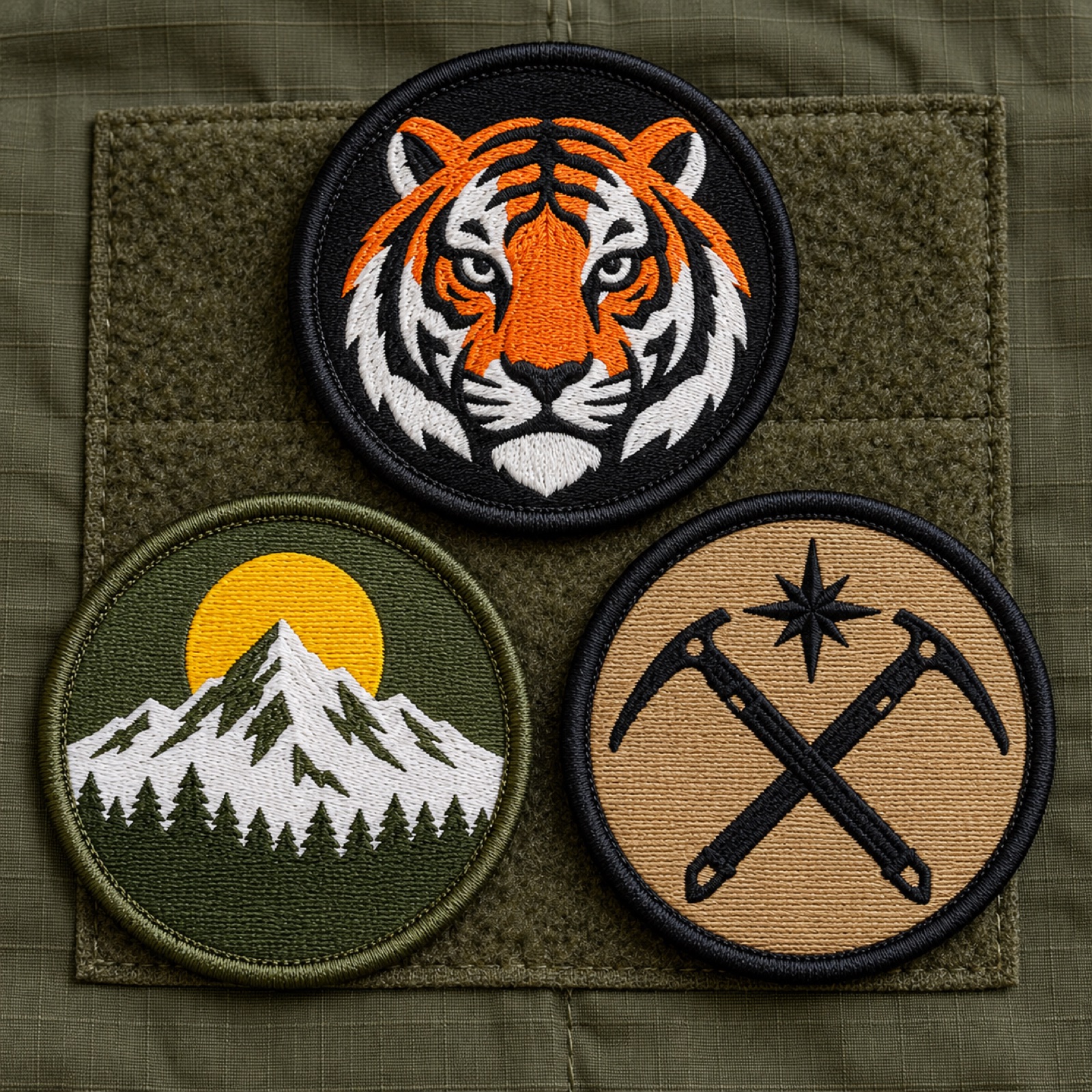 Set of round embroidered unit patches with velcro backing arranged on olive fabric