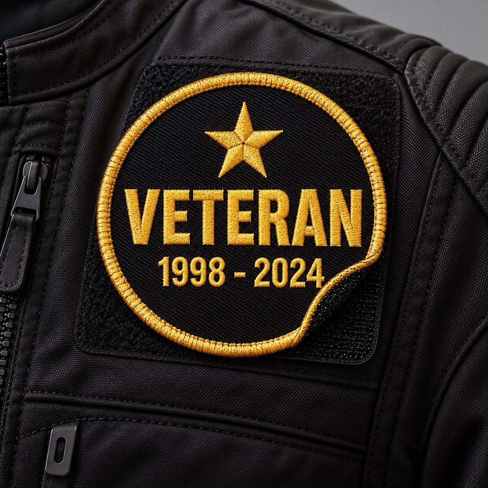 Veteran patch with regiment name and years of service on a riding jacket