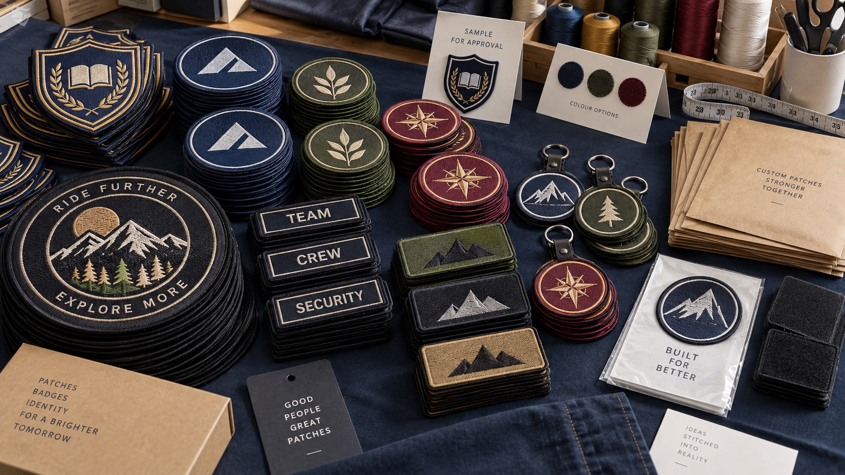 Bulk embroidered patches and badges arranged in repeatable production stacks for school, corporate, club, biker, velcro, and keychain badge orders