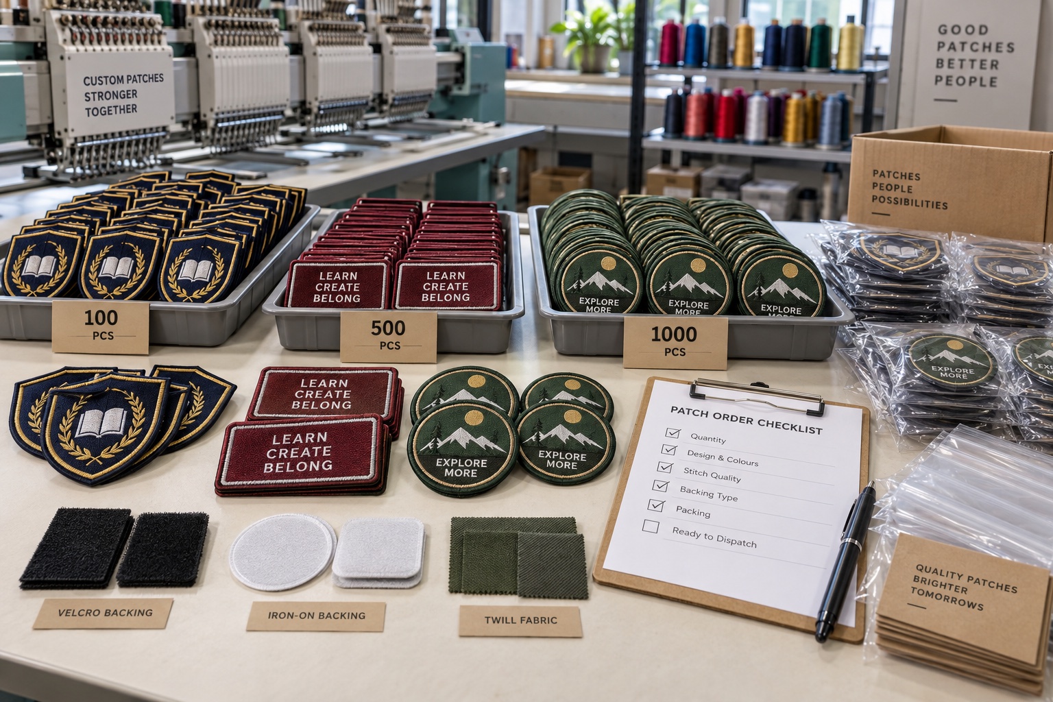 Bulk embroidered patch production quality check with 100, 500, and 1000 piece batches, backing samples, packing bags, and order checklist