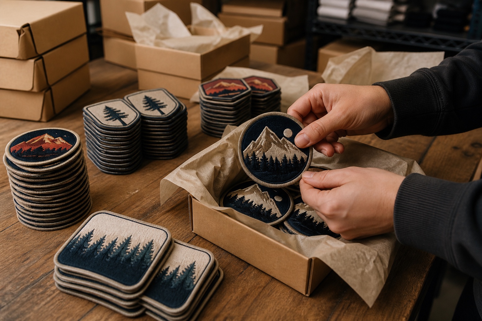 Bulk custom embroidered patches being sorted and packed for dispatch