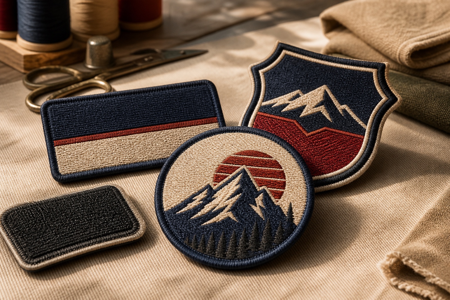 Finished custom embroidered patches displayed on fabric with stitching tools