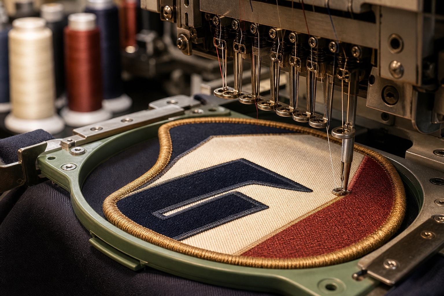 Embroidery machine stitching a custom patch inside a hoop