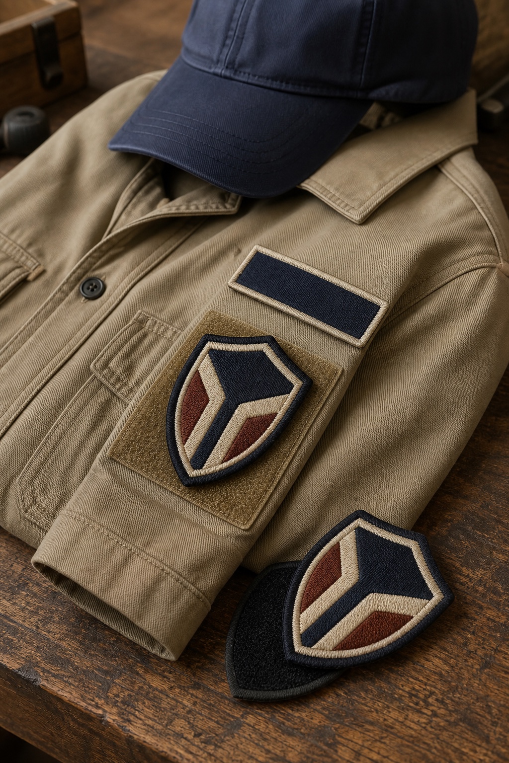 Finished uniform patches arranged on workwear fabric with a matching cap