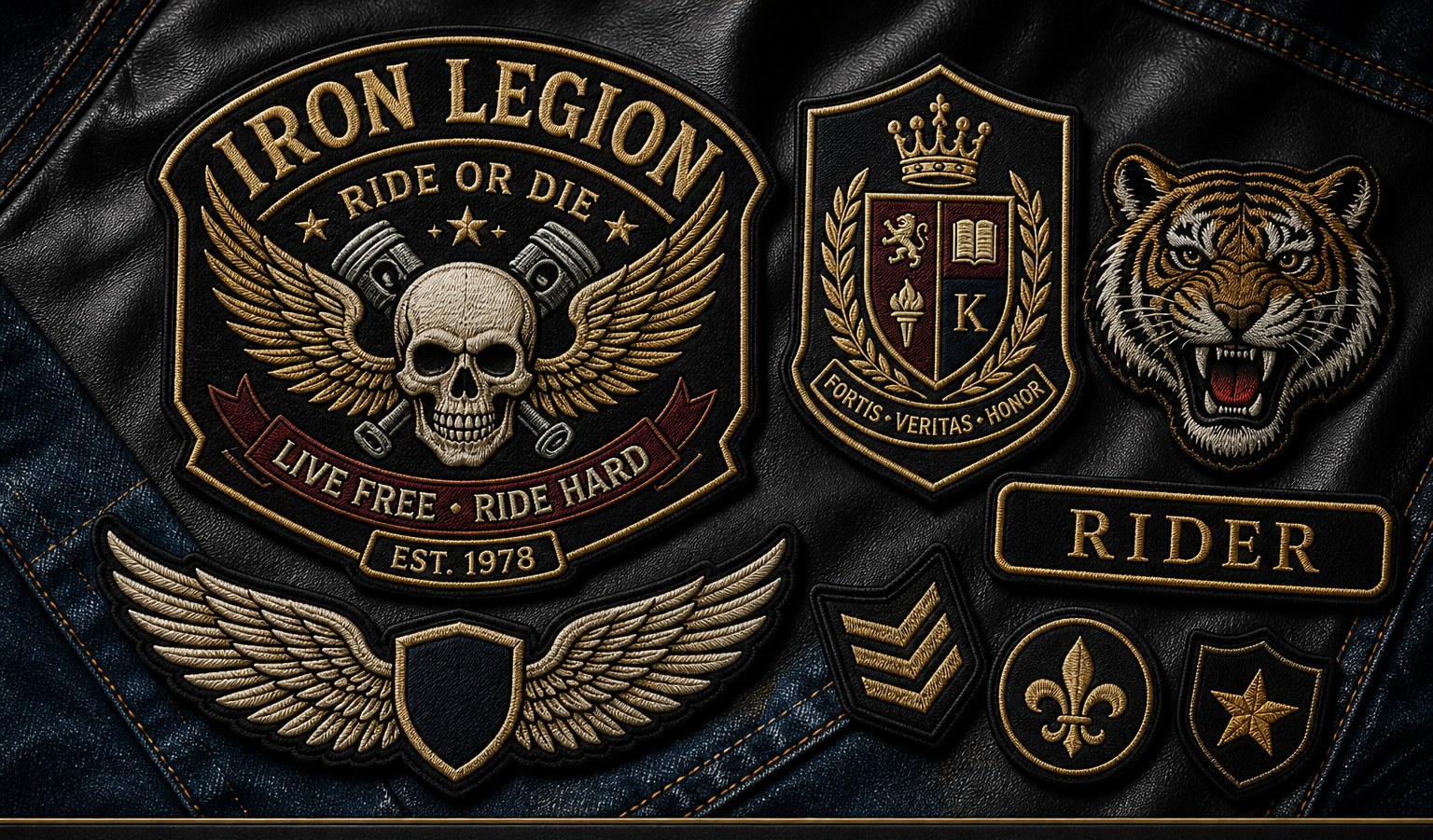 Biker and club style embroidered crest patches with tiger, wings, and monogram designs