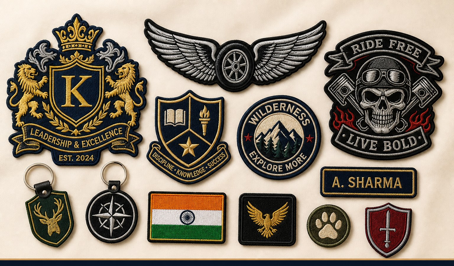 Custom embroidered crest, name tab, eagle, and emblem patches arranged on fabric