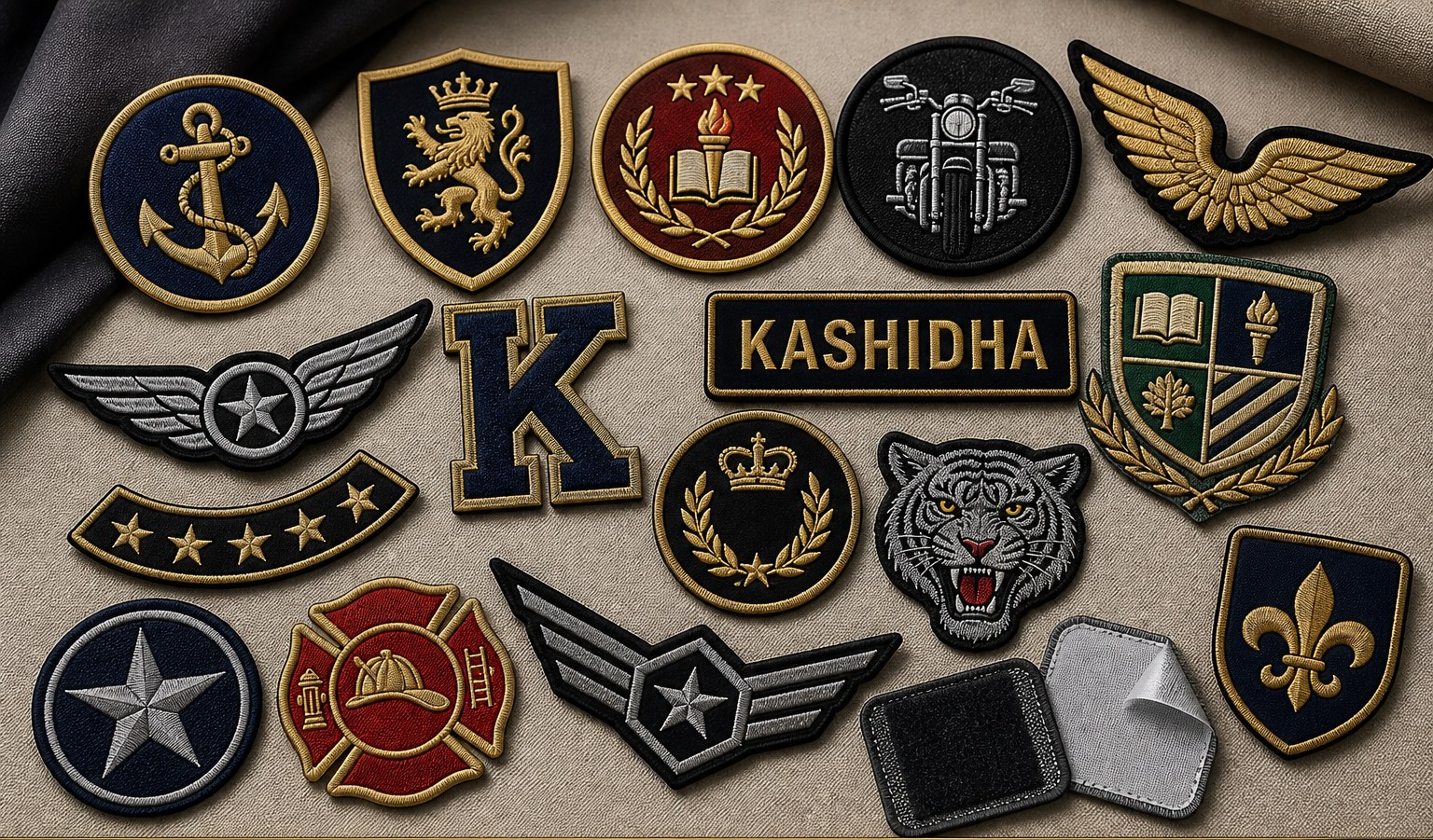 A range of custom embroidered patches including anchor, lion crest, academic torch, motorcycle, eagle wings, monogram, name tab, tiger, star, fireman crest, and fleur-de-lis designs