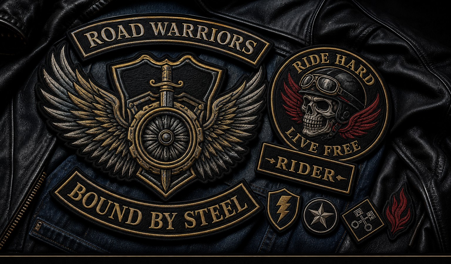 Large embroidered back-patch and rider patch set on a leather jacket