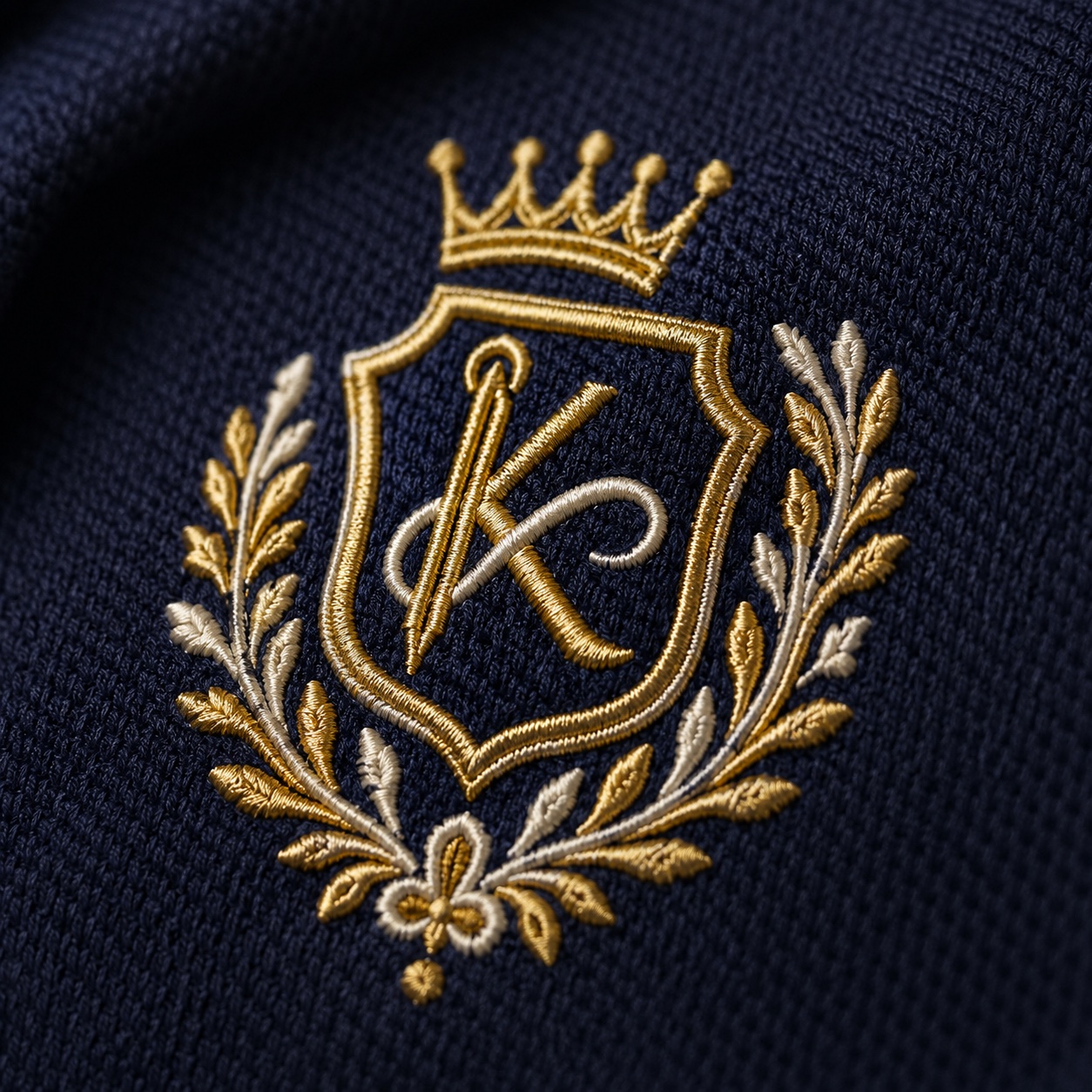 A finished embroidered logo on fabric, showing crisp, raised stitch detail